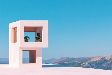 Poster - Architecture of a modern cube-shaped building in a flat minimalist style, surrounded by open white space