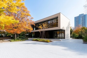 Poster - Architecture of a modern cube-shaped building in a flat minimalist style, surrounded by open white space