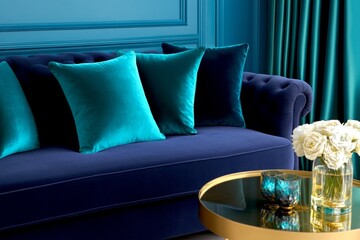 Wall Mural - Stylish living room design featuring navy sofa, teal curtains, and calming blue walls for modern decor