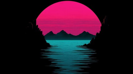 Poster - Vibrant City Skyline Silhouette Against a Neon Pink and Blue Background with Reflection on Water, Capturing a Dreamlike Urban Landscape in Graphic Design