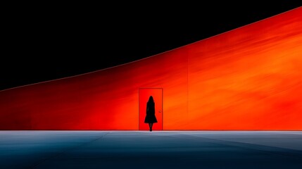 Poster - A Minimalist Photograph of a Silhouette Near a Striking Red Door Against a Bold Colorful Background in an Artistic Urban Setting