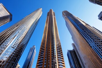 Poster - Digital 3D rendering of a futuristic skyscraper, with dynamic lighting and intricate metallic textures