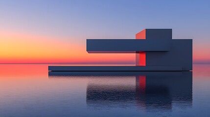 Poster - Minimalistic Architectural Design Featuring Bold Red Element Against a Serene Sunset Reflection on Calm Water Surface