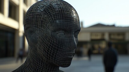 Poster - A wireframe bust sculpture in an urban setting, blending art and technology.