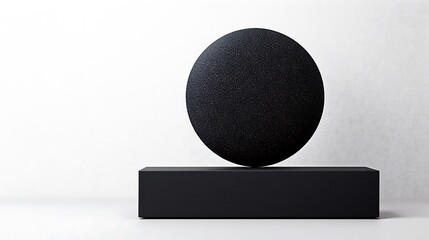 Sticker - Minimalistic Still Life Composition Featuring a Single Black Sphere Balanced Elegantly on a Black Base Against a Soft White Background