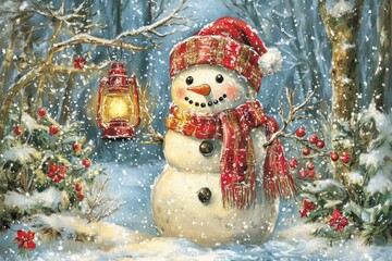 Wall Mural - A cheerful snowman stands in a snowy forest holding a lantern, wearing a red hat and scarf, with red berries in the foreground.