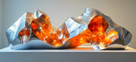 Poster - Reflective Geometric Sculpture with Metallic Colors and Dynamic Surfaces for Modern Aesthetics