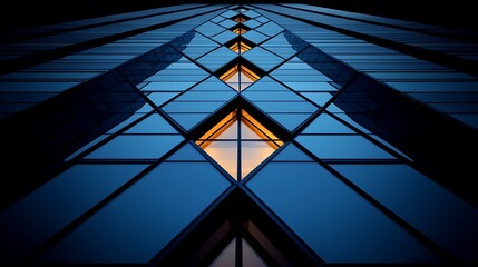 Poster - Sleek Monochrome Cityscape at Dusk Featuring Geometric Patterns and Reflections of Light on Modern Glass Building Facade