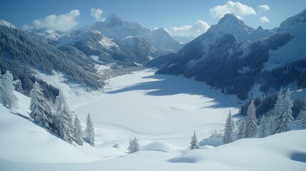 Poster - A snowy mountain lake with a village in the distance and snow-covered trees in the foreground.