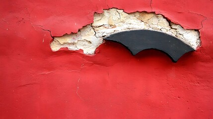 Poster - Abstract Composition of a Cracked Red Wall Featuring a Geometric Black Shape Embedded in the Surface Exposing Texture and Color Contrasts for Artistic Inspiration