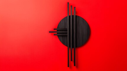 Poster - Striking Composition of Black Stripes on a Round Black Background Against a Bold Red Surface, Creating a Modern and Vibrant Visual Experience