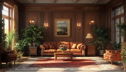 Poster - A luxurious living room with wood paneling, a leather sofa, and an oriental rug.