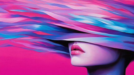 Poster - Surreal Portrait Featuring Warped Facial Elements and Colorful Flowing Hair in a Dreamlike Pink and Blue Color Palette