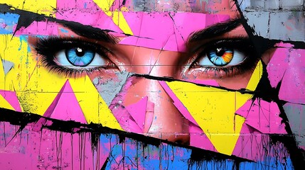 Poster - Vibrant Mixed Media Portrait Featuring Striking Eyes with Unique Colors Set Against a Burst of Abstract Shapes and Colors in an Urban Context