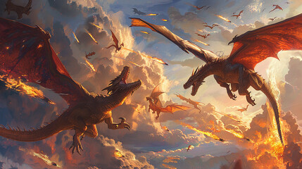 Wall Mural - an epic digital painting of a battle between dragons, with fire-breathing beasts soaring through the