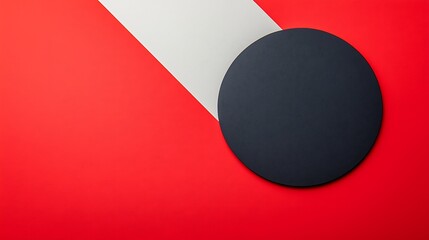 Poster - Abstract Composition of Geometric Shapes Featuring a Black Circle and Diagonal White Stripe Against a Bold Red Background