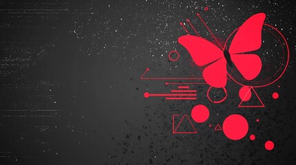 Poster - Abstract Composition of Overlapping Red Circular Shapes and Butterfly on a Dark Background with Textured Elements for Modern Art and Design Concepts