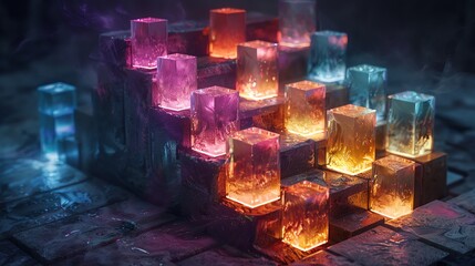 Wall Mural - Glowing crystal cubes on dark stone steps.