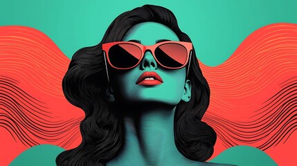 Poster - Abstract Illustration of a Stylish Woman with Sunglasses Surrounded by Vibrant Waves in Red and Turquoise Color Palette