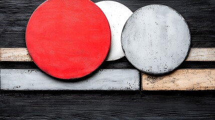 Poster - Abstract Circular Composition with Red and Black Shapes on Textured Background Highlighting Modern Artistic Elements and Geometric Design