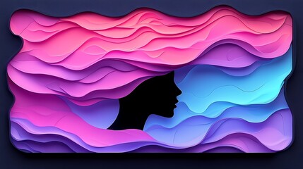 Poster - Abstract Silhouette Representation of a Person with Flowing Waves in Shades of Pink and Blue Suitable for Creative Projects and Artistic Expressions