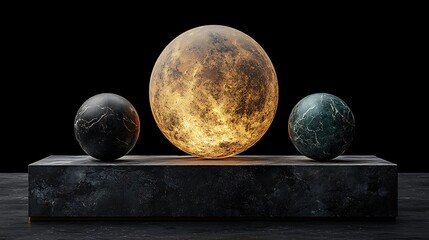 Poster - Artistic Still Life Composition Featuring Textured Spheres and a Central Golden Sphere Set Against a Dark Background