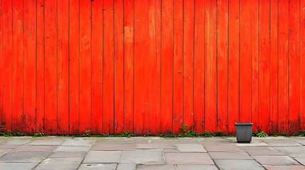 Poster - An Exploration of Negative Space Featuring a Vibrant Red Wooden Wall and a Simple Grey Trash Can on a Cobblestone Path