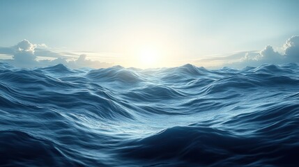 Poster - A vast, blue ocean with choppy waves and a bright, distant sun shining through clouds.