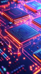 Poster - Close-up of a high-tech circuit board with glowing microchips and vibrant neon colors.
