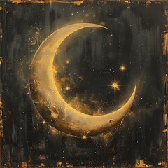 Wall Mural - Golden crescent moon and stars.