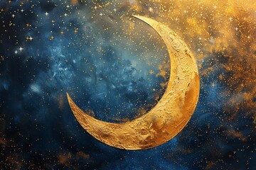 Wall Mural - Golden crescent moon in starry night.