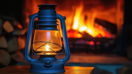 Sticker - A vintage oil lamp sits on a wooden surface with a roaring fireplace in the background.