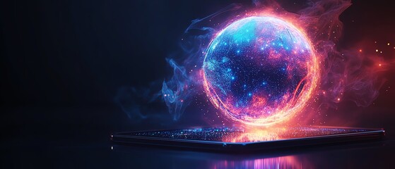 Poster - Digital globe with glowing lights on a tablet, representing global technology and innovation, futuristic design, hightech atmosphere, vibrant colors, ultrarealistic details