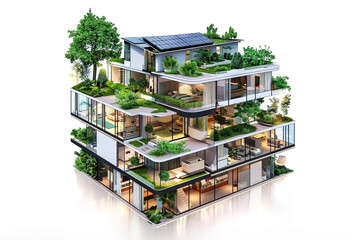 Fototapete - A cutaway of a building with solar panels, green roofs, and insulation layers, illustrating eco-friendly design