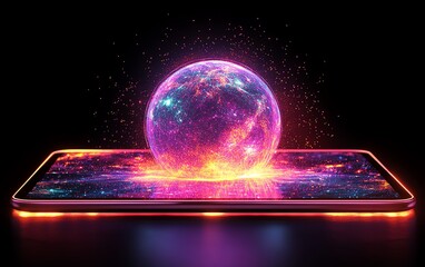 Poster - Digital globe with glowing lights displayed on a tablet, symbolizing global technology and innovation, vibrant neon lights, hightech interface, ultrarealistic textures