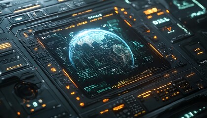 Poster - Futuristic tablet with a digital globe and glowing lights