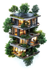 Fototapete - A cutaway of a building with solar panels, green roofs, and insulation layers, illustrating eco-friendly design