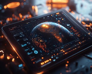 Aufkleber - Tablet displaying a digital globe with glowing lights