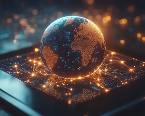 Poster - Tablet displaying a digital globe with glowing lights