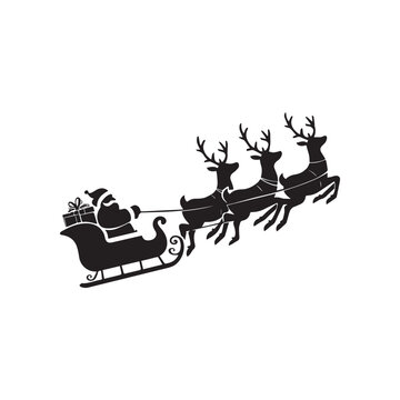 Schwarze Vektor Silhouette vom fliegenden Weihnachtsmann mit Rentierschlitten - Acht Rentiere im Gespann - Schwarz - Santa Claus - XMas - schwarzer Schatten und weißer Hintergrund