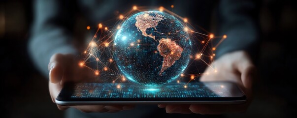 Poster - Tablet screen showcasing a digital globe with glowing lights, representing technology and global innovation, futuristic design, glowing connections, highdefinition realism