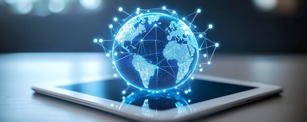 Poster - Tablet screen showcasing a digital globe with glowing lights, representing technology and global innovation, futuristic design, glowing connections, highdefinition realism