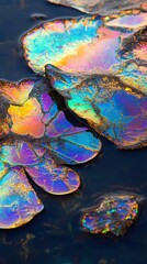Poster - Close-up of iridescent oil slick on water, showcasing vibrant colors and intricate patterns.