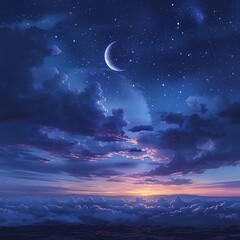 Wall Mural - Magical night sky with crescent moon and clouds.