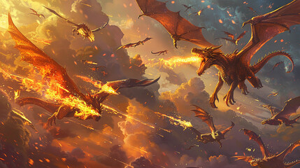 Wall Mural - an epic digital painting of a battle between dragons, with fire-breathing beasts soaring through the