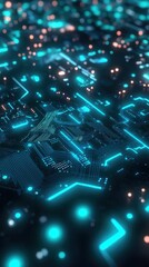 Poster - An abstract close-up of a futuristic circuit board with glowing blue and orange lights, creating a vibrant digital landscape.