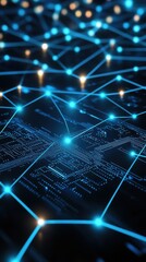 Poster - A close-up view of interconnected digital circuits glowing in blue and gold tones, symbolizing technology and innovation.