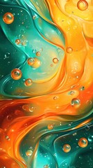Poster - Vibrant orange and turquoise abstract liquid swirl with bubbles, creating a mesmerizing fluid art effect.