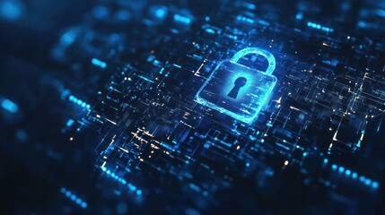 Poster - A digital lock symbolizing cybersecurity and data protection on a tech-themed background.
