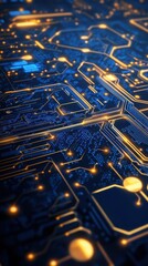 Poster - Close-up of a blue and gold circuit board, showcasing intricate patterns and glowing elements, symbolizing technology and innovation.